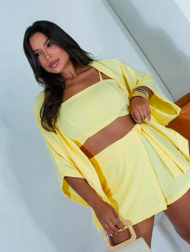 Conjunto feminino cropped e saia com kimono